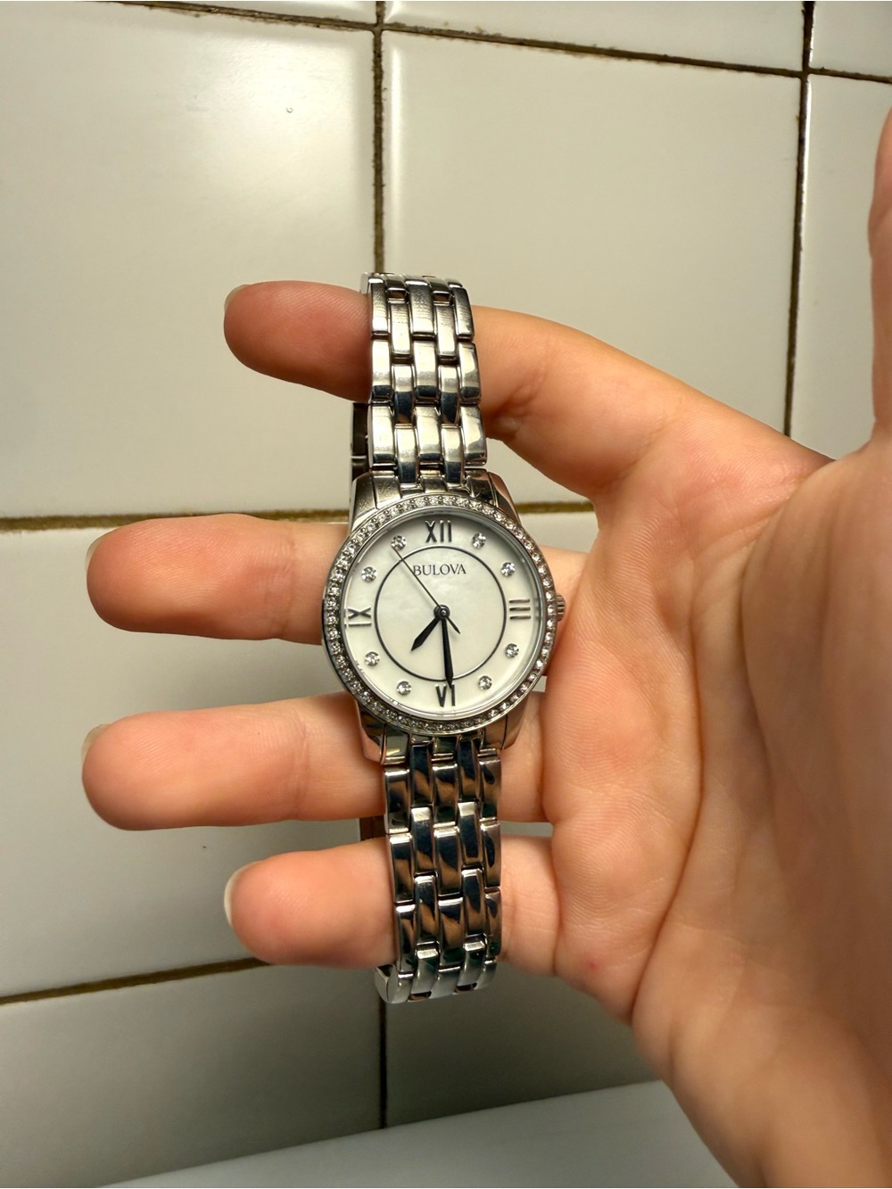 Bulova Silver Watch with White Dial and Crystal Accents